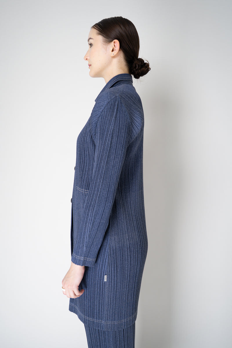 Pleats Please Issey Miyake Cotton Denim Collared Coat in Medium Blue Wash