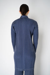 Pleats Please Issey Miyake Cotton Denim Collared Coat in Medium Blue Wash