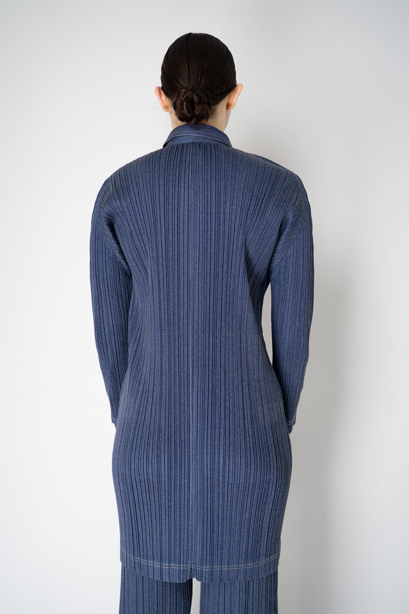 Pleats Please Issey Miyake Cotton Denim Collared Coat in Medium Blue Wash