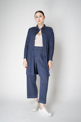 Pleats Please Issey Miyake Cotton Denim Collared Coat in Medium Blue Wash