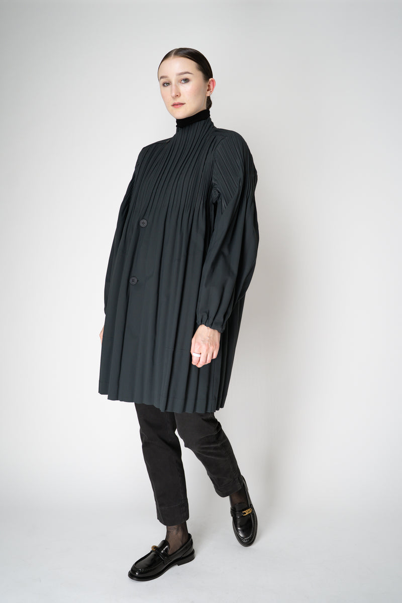 Pleats Please Issey Miyake Knee Length Smooth Coat in Charcoal