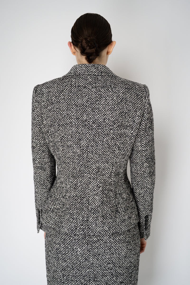 Dolce & Gabbana Wool Blend Double Breasted Jacket in Black and White Tweed