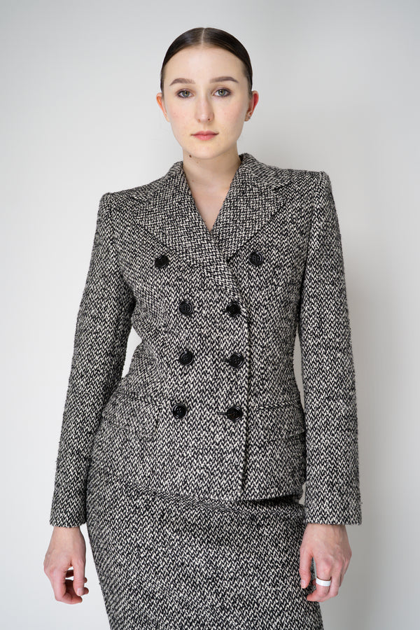 Dolce & Gabbana Wool Blend Double Breasted Jacket in Black and White Tweed