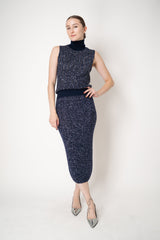 D. Exterior Stretch Knit High Neck Sleeveless Sequin Top in Navy