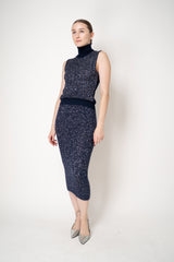 D. Exterior Stretch Knit High Neck Sleeveless Sequin Top in Navy