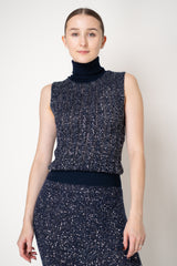 D. Exterior Stretch Knit High Neck Sleeveless Sequin Top in Navy