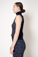 D. Exterior Stretch Knit High Neck Sleeveless Sequin Top in Navy