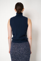 D. Exterior Stretch Knit High Neck Sleeveless Sequin Top in Navy