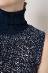 D. Exterior Stretch Knit High Neck Sleeveless Sequin Top in Navy