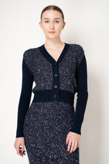 D. Exterior V-neck Knit Sequin Cropped Cardigan in Navy