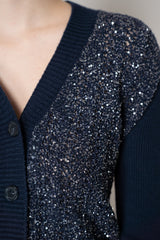D. Exterior V-neck Knit Sequin Cropped Cardigan in Navy