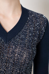D. Exterior V-neck Knit Sequin Pullover in Navy