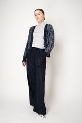 D. Exterior Sequin Bouclé Knit V-Neck Cardigan in Navy & White