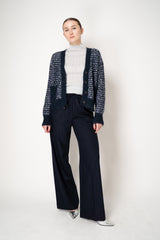 D. Exterior Sequin Bouclé Knit V-Neck Cardigan in Navy & White