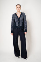 D. Exterior Sequin Bouclé Knit V-Neck Cardigan in Navy & White
