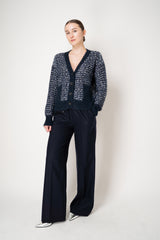 D. Exterior Sequin Bouclé Knit V-Neck Cardigan in Navy & White