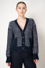 D. Exterior Sequin Bouclé Knit V-Neck Cardigan in Navy & White