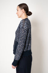 D. Exterior Sequin Bouclé Knit V-Neck Cardigan in Navy & White