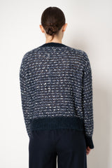 D. Exterior Sequin Bouclé Knit V-Neck Cardigan in Navy & White
