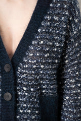 D. Exterior Sequin Bouclé Knit V-Neck Cardigan in Navy & White