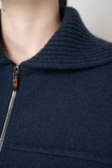 D. Exterior Stretch Knit Cashmere Merino Collared Bomber Jacket in Navy