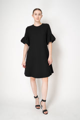 Odeeh Wool Viscose Short Balloon Sleeve Midi Dress in Black