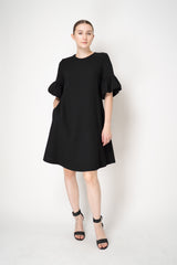 Odeeh Wool Viscose Short Balloon Sleeve Midi Dress in Black