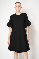 Odeeh Wool Viscose Short Balloon Sleeve Midi Dress in Black