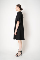 Odeeh Wool Viscose Short Balloon Sleeve Midi Dress in Black