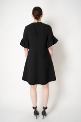 Odeeh Wool Viscose Short Balloon Sleeve Midi Dress in Black