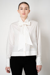 Weill Cotton Poplin Cropped Button-Up Blouse with Bow Tie in White
