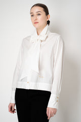 Weill Cotton Poplin Cropped Button-Up Blouse with Bow Tie in White