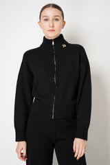 Fabiana Filippi Merino Wool High Neck Cardigan with Gold Knot Brooch in Black