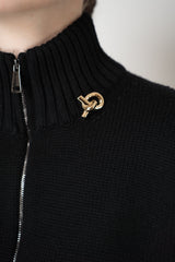 Fabiana Filippi Merino Wool High Neck Cardigan with Gold Knot Brooch in Black