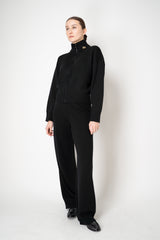 Fabiana Filippi Merino Wool High Neck Cardigan with Gold Knot Brooch in Black
