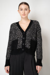 D. Exterior Sequin Bouclé Knit V-Neck Cardigan in Black & White