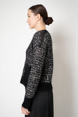 D. Exterior Sequin Bouclé Knit V-Neck Cardigan in Black & White