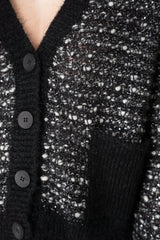 D. Exterior Sequin Bouclé Knit V-Neck Cardigan in Black & White