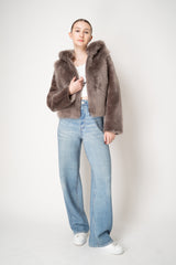 Rocco Ragni Reversible Cropped Brushed Shearling Jacket in Taupe