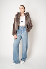 Rocco Ragni Reversible Cropped Brushed Shearling Jacket in Taupe
