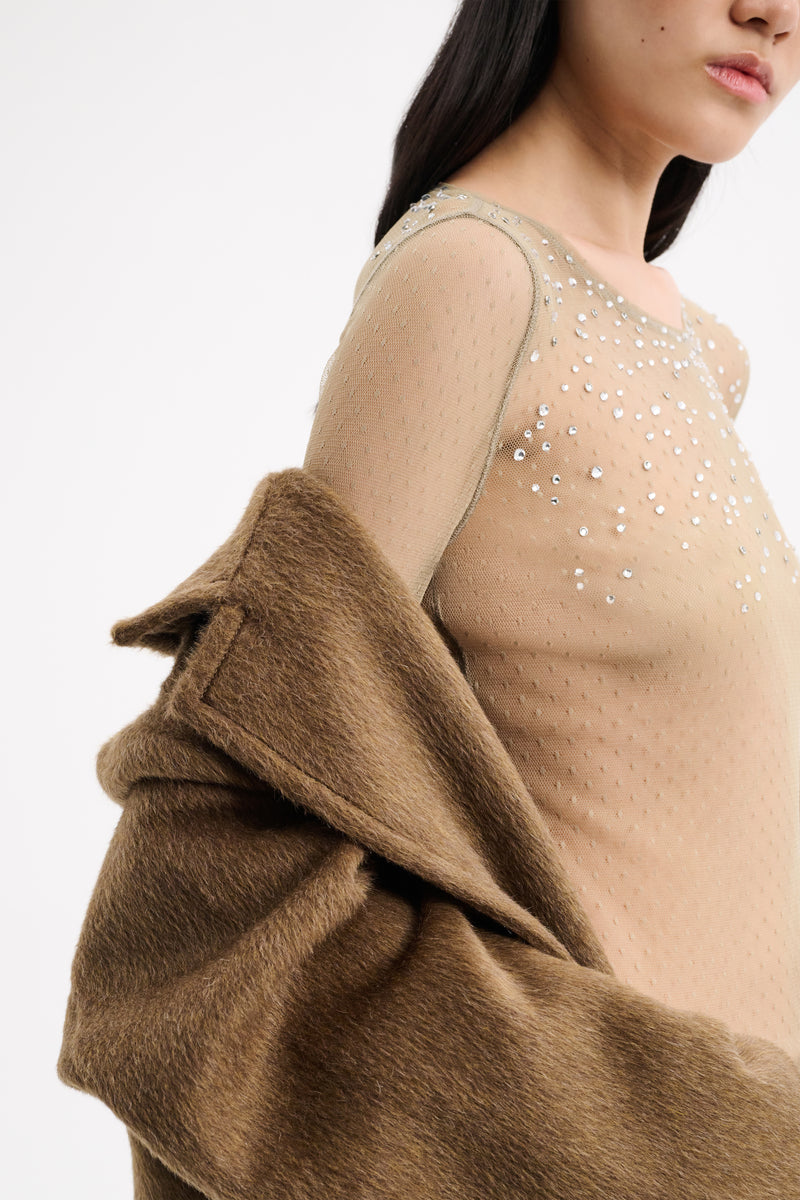 Dorothee Schumacher Transparent Tulle Top with Crystals in Khaki Vancouver. Shop Online or in Store.