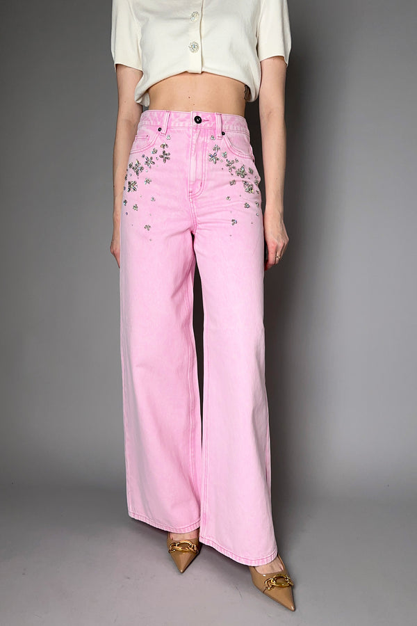 Self-Portrait Embellished Wide Leg Jeans in Pink