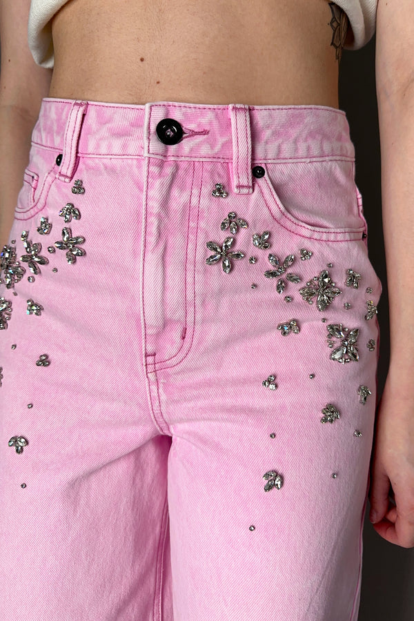 Self-Portrait Embellished Wide Leg Jeans in Pink Vancouver. Shop Online or in Store.