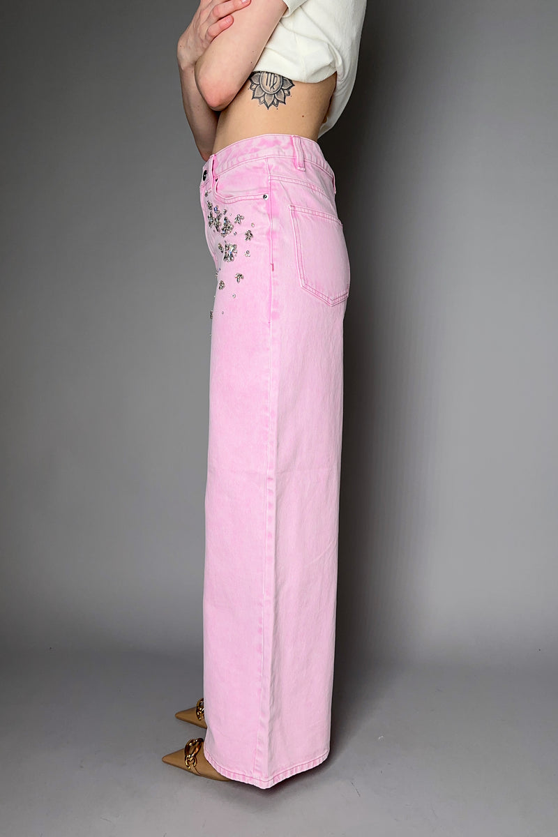 Self-Portrait Embellished Wide Leg Jeans in Pink