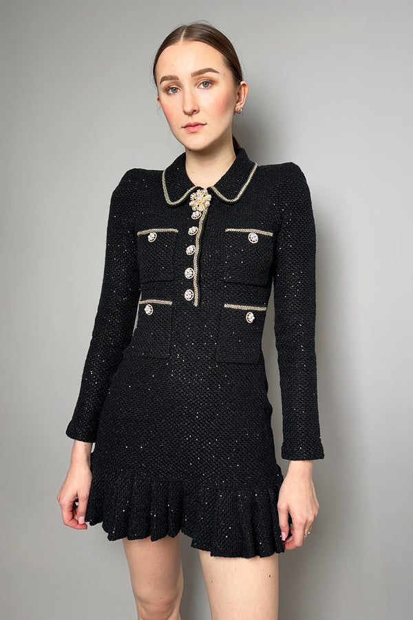 Self-Portrait Sequin Knit Dress with Pearl Detail in Black
