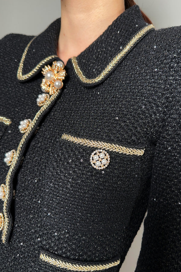 Self-Portrait Sequin Knit Dress with Pearl Detail in Black- Ashia Mode- Vancouver, BC