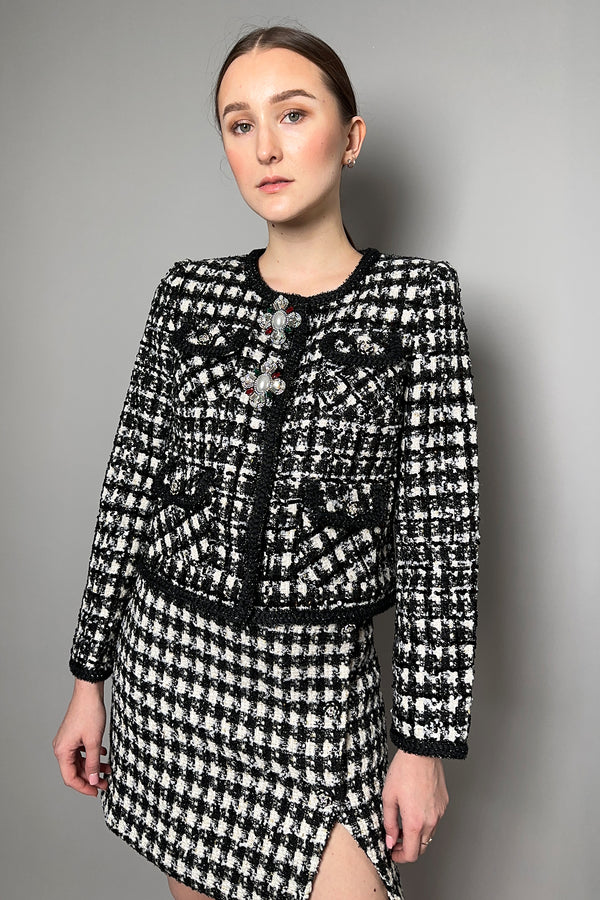 Self-Portrait Boucle Cropped Check Jacket with Embellished Detail in Black and White