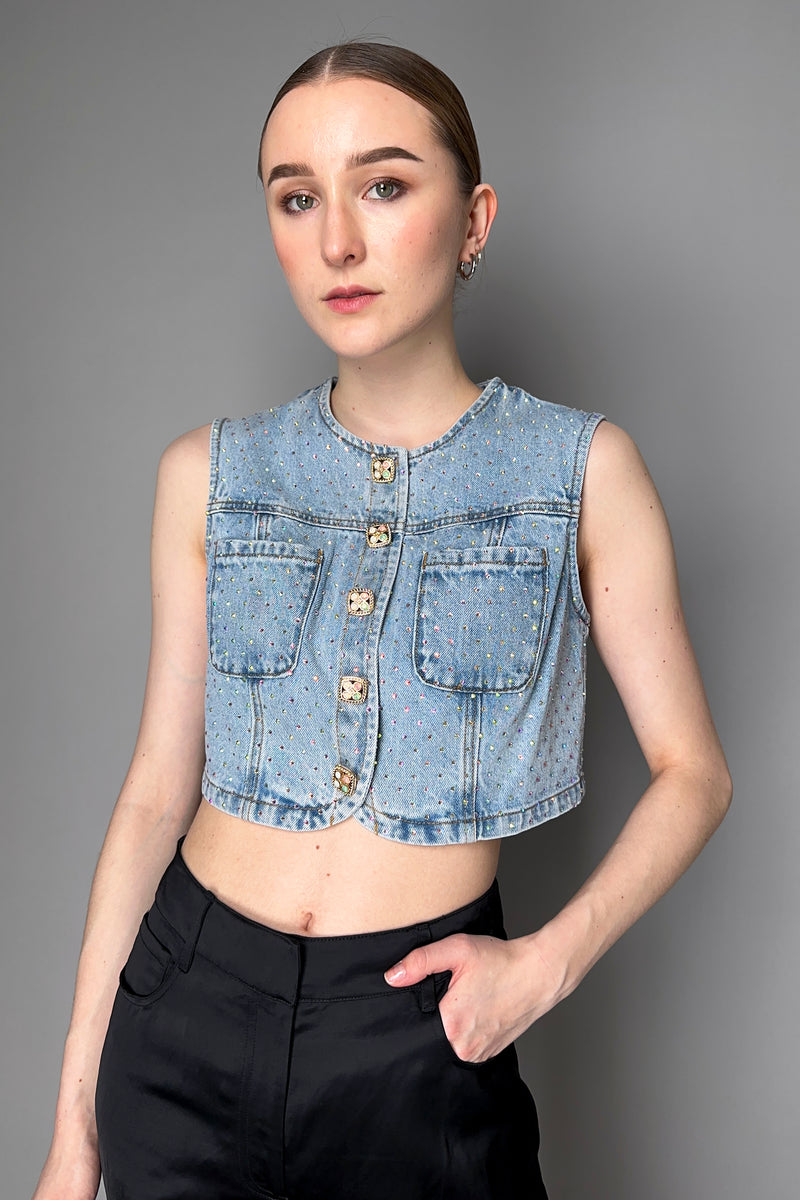 Self-Portrait Rhinestone Denim Crop Top Vest in Light  Blue