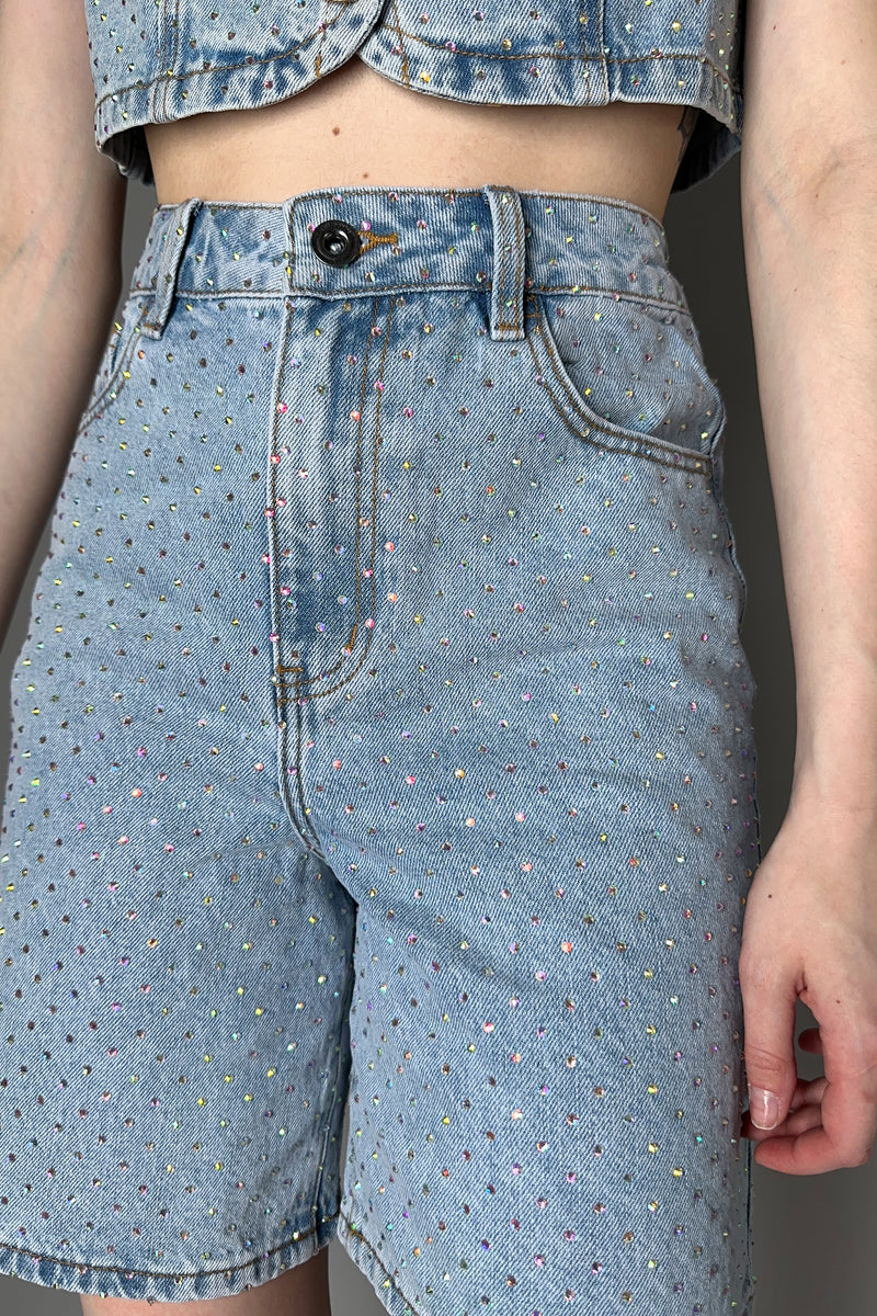 Self-Portrait Rhinestone Denim Shorts in Light  Blue