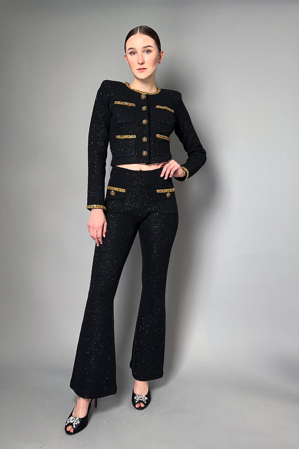 Self-Portrait Sequin Knit Flared Pants with Embellished Detail in Black